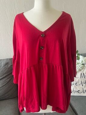 Women’s Red Button Detailing V-Neck Peplum Top